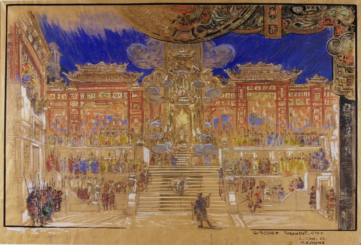 A watercolour set design for the opera Turandot showing a vast palace square with a wide stair and red and blue pavilions